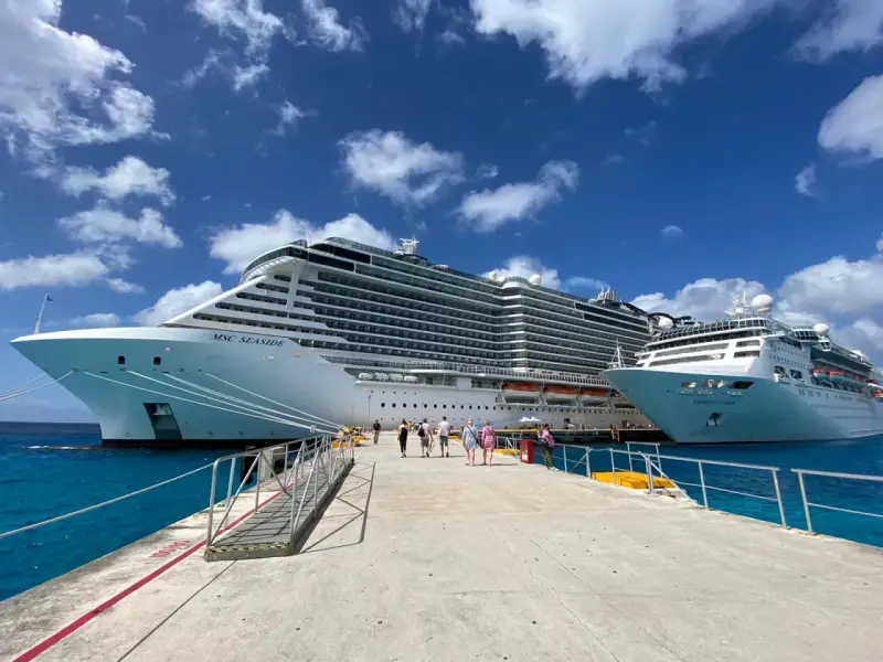 Persone camminano su un molo verso due enormi navi da crociera, pronte per imbarcarsi. Ecco come si sale su una nave da crociera!